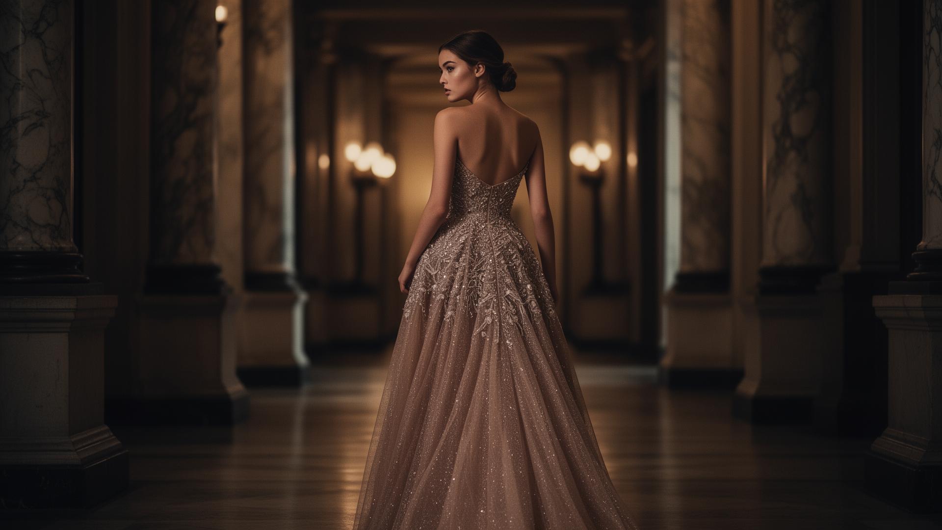 Woman in elegant prom dress